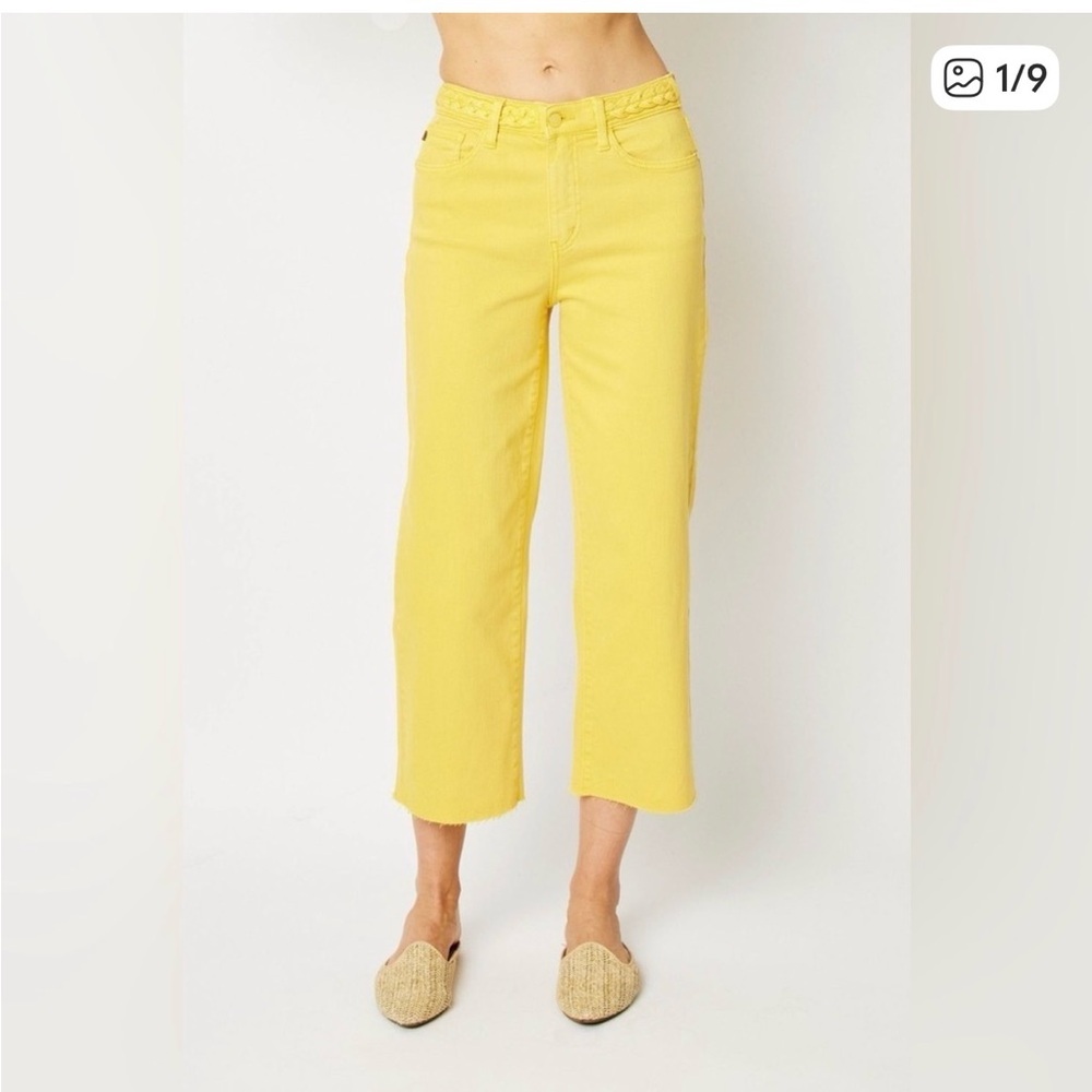 Judy Blue - High Waist Yellow Braided Waistband Wide Leg Crop Denim Jeans - 5/27